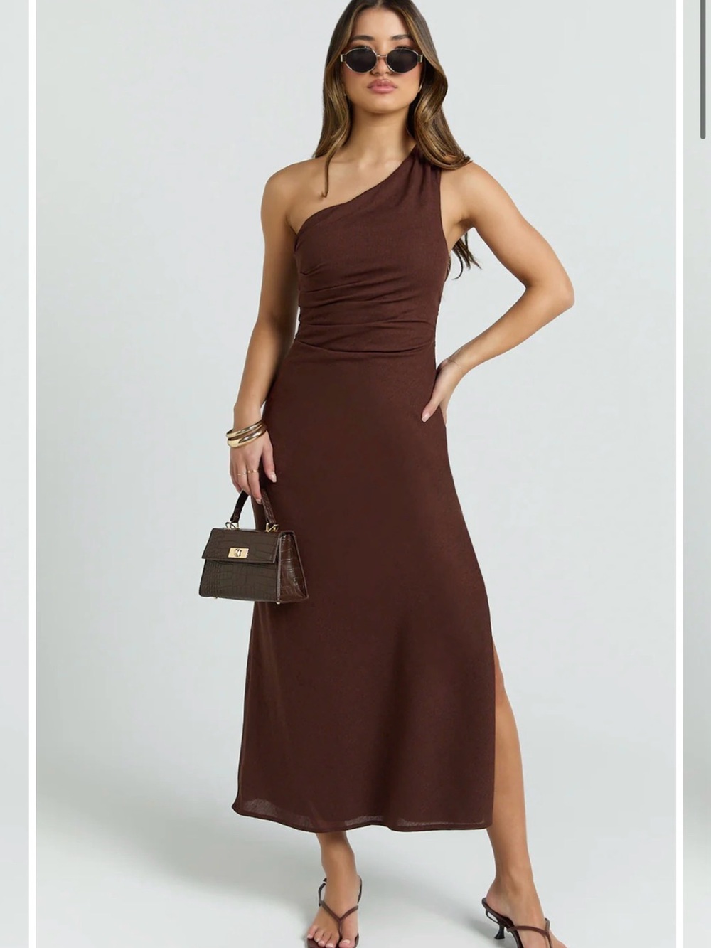 Showpo One-Shoulder Brown Midi Dress